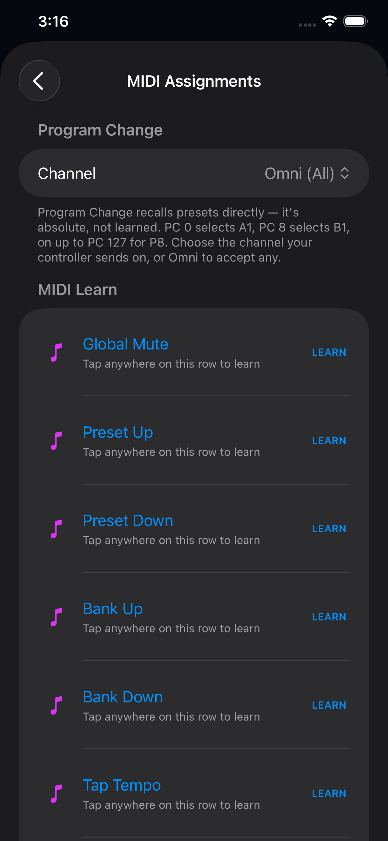 MIDI assignments