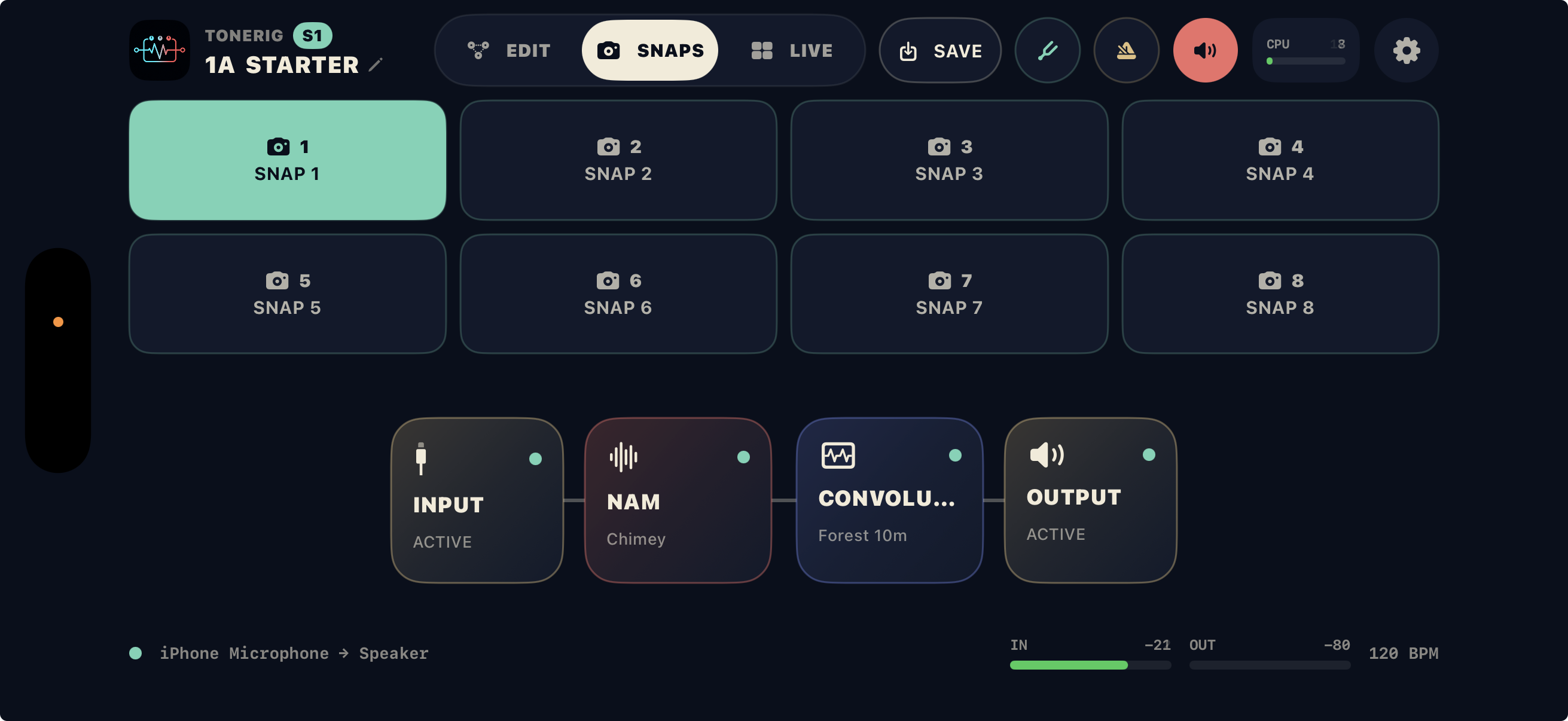 ToneRig Snaps workspace with eight performance variations