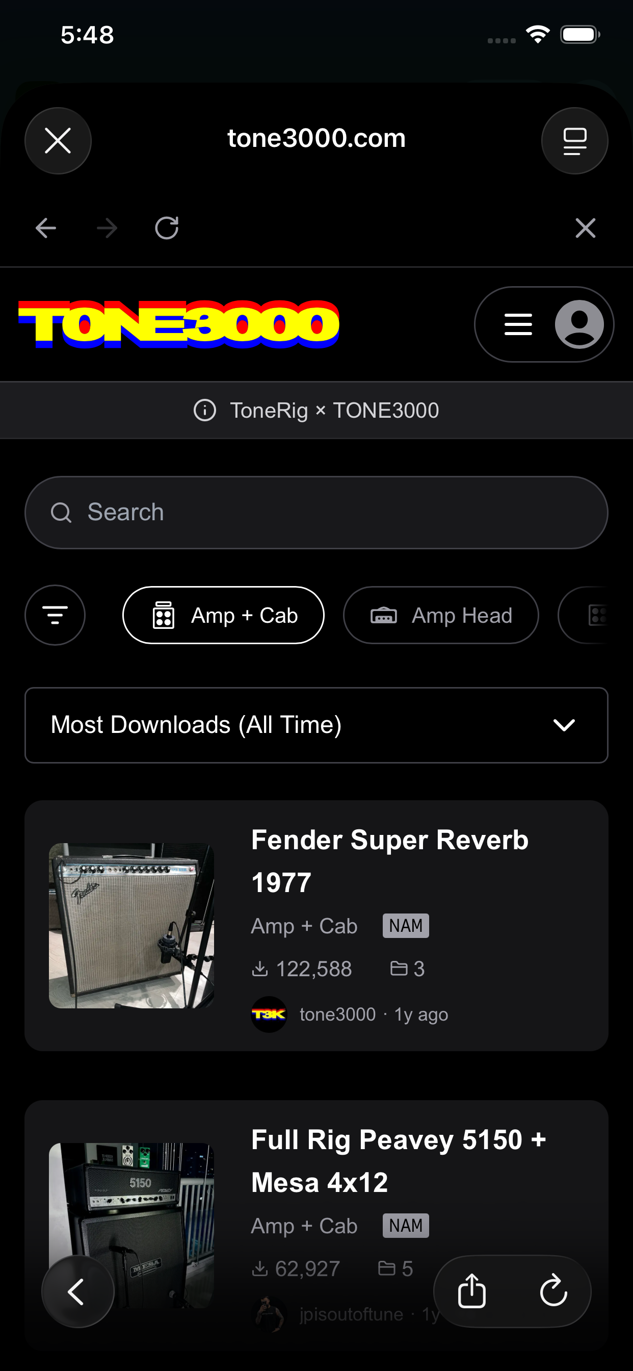TONE3000 capture browser inside ToneRig